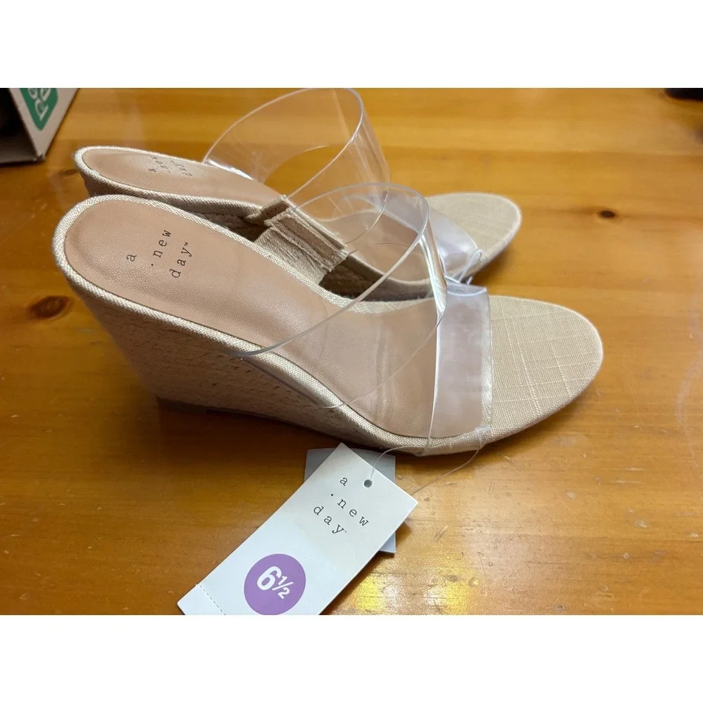 A New Day Hattie Natural Wedge Sandals Clear Double Strap Espadrille Mules 8